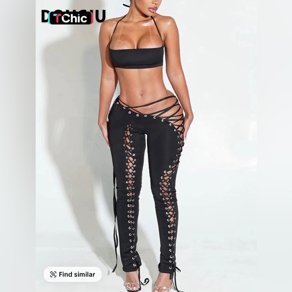 Pants - Chic Black Lace-Up Women's Pants Set